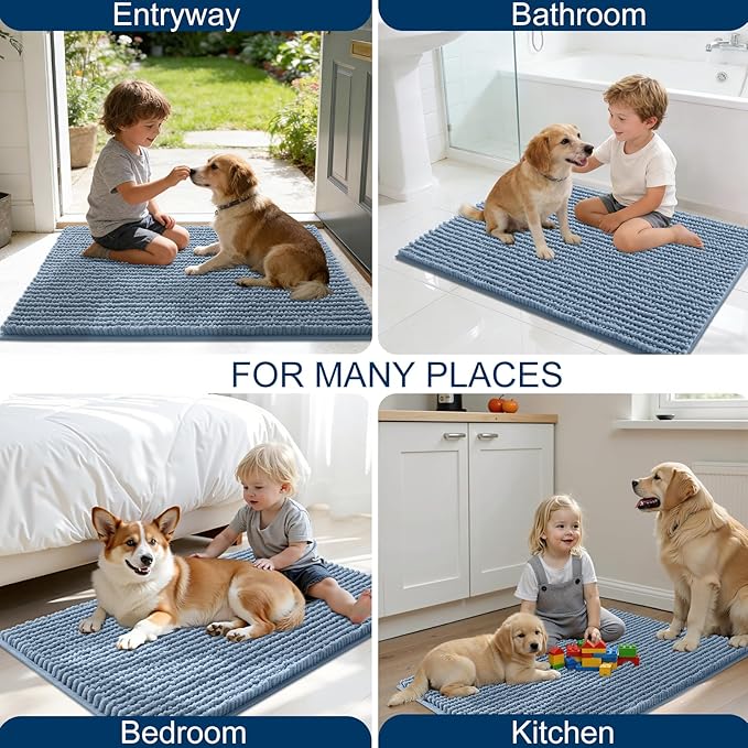 OLANLY Dog Door Mat for Muddy Paws 59x35, Ultra Absorbent Chenille Mud Doormat, Non-Slip Washable and Dirt Trapping Doormat for Indoor Entryway, Quick-Dry Indoor Pet Bed Mats for Dogs, Airy Blue