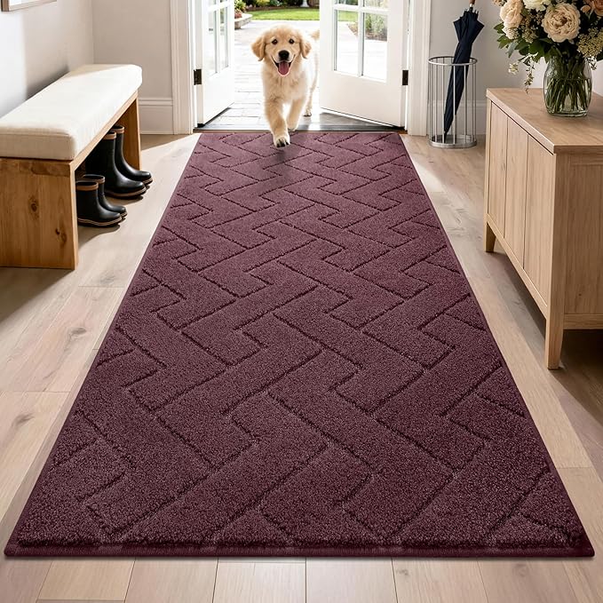 PURRUGS Dirt Trapping Door Mat 32" x 70", Non-Slip Machine Washable Entry Rug, Dog Doormat, Indoor Front Door Mat, Super Absorbent Entryway Rug for Muddy Shoes & Paws, Burgundy Red