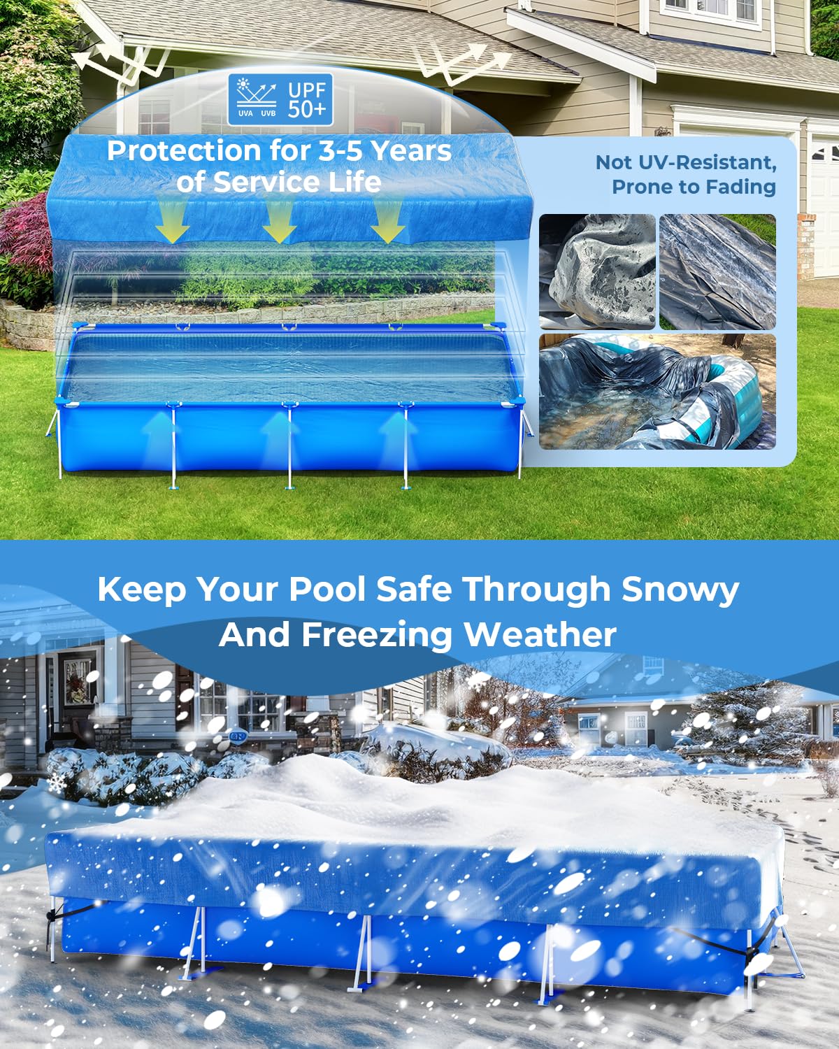 Inflatable Pool Cover Rectangle for 120” x 72”, 130” x 72”, 145" x 74" Pool, Secure Elastic Edge & Drawstrings 10' x 7' Rectangular Pool Covers for Above Ground Pools
