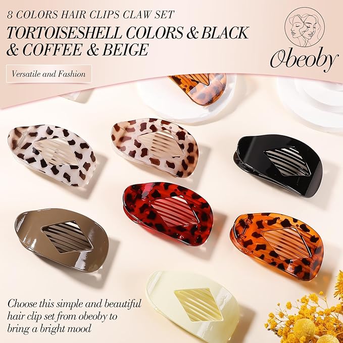 Obeoby 8 Pcs Flat Claw Clips for Women, Strong Hold French Flat Hair Clips for Thick Thin Hair Barrettes Accessories Round Large Medium (Tortoiseshell)