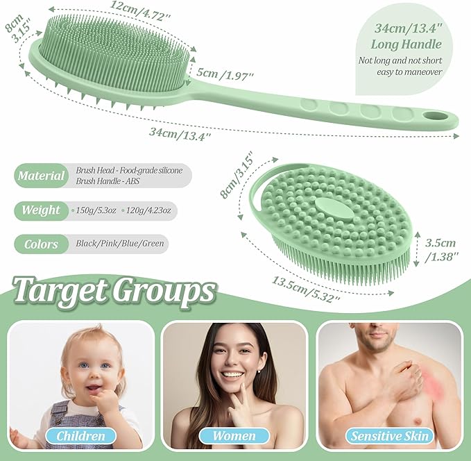 Silicone Back & Body Scrubber Set 2PCS, 13.4'' Gentle Exfoliating Back Scrubber with Dual-Side Head and Non-Slip Handle, Hygienic Silicone Loofah with Soft Bristles and Massage Dots(Green-2PC)