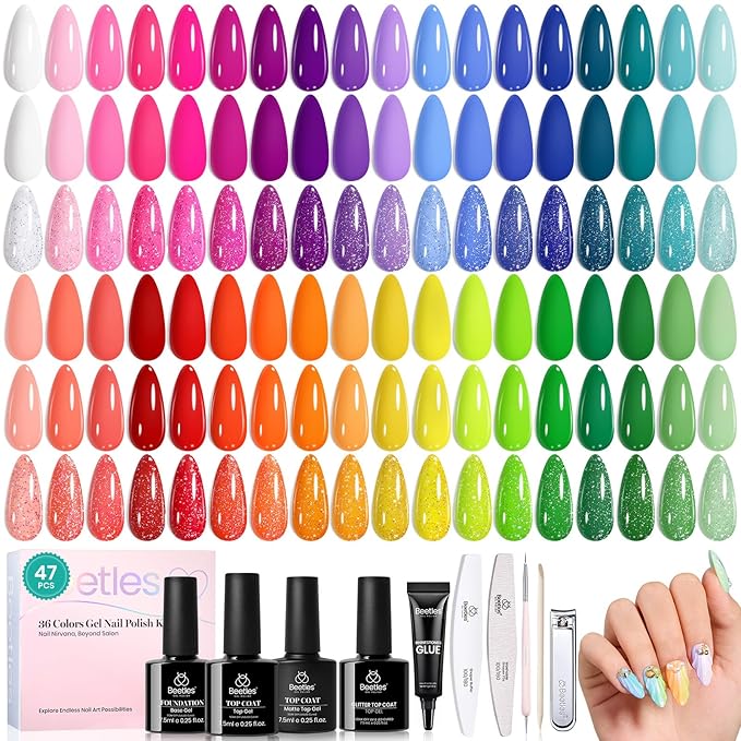 beetles Spring Gel Polish Set - 36 Colors Pastel Neon Gel Nail Polish Pink Red Green Blue Yellow Nail Polish with 4Pcs Base Top Coat Soak off Colorful Collection UV