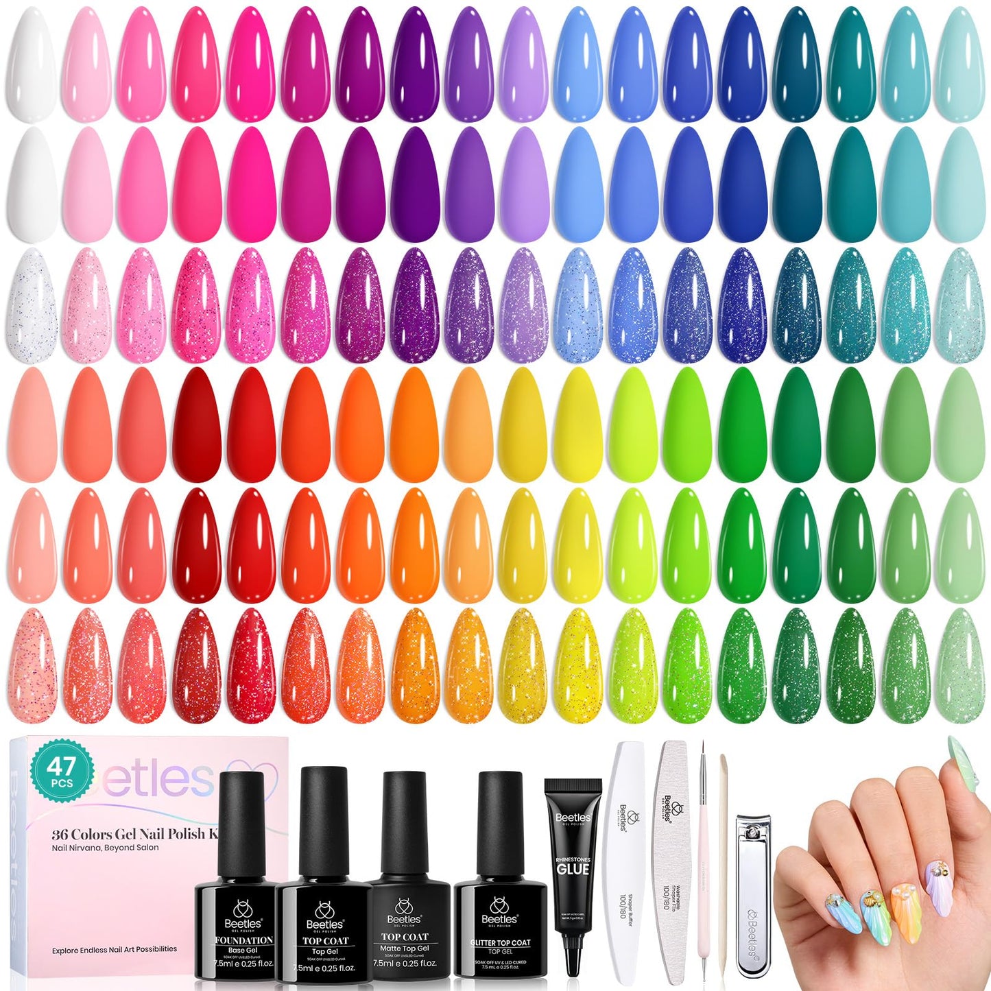 beetles Summer Gel Polish Set - 36 Colors Pastel Neon Gel Nail Polish Pink Red Green Blue Yellow Nail Polish with 4Pcs Base Top Coat Soak off Colorful Collection UV