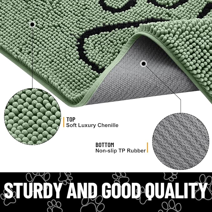 Smiry Dog Door Mat for Muddy Paws, Absorbent Dirt Trapper Non Slip Quick Dry Washable Chenille Mat for Mud Dogs, Entry Rug for Indoor and Outdoor (48x30 Inches, Olive Green and Black)