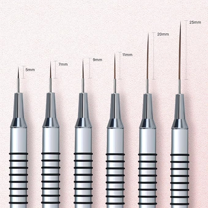 Metallic Nail Art Brushes, 6Pcs Non Slip Liner Brush Set, UV Gel Polish Painting Art Design Pen for Long Lines, Thin Details, Fine Drawing Sizes 5/7/9/11/20/25mm(Silver)