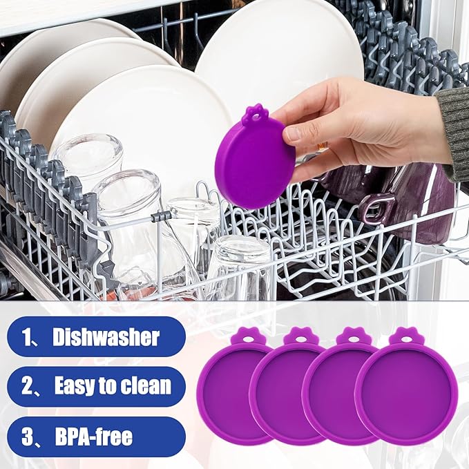 PINE & LINEN 4 Pcs 2.5inch Durable Pet Can Lids,Silicone Small Pet Can Covers Waterproof Cat Food Cans Lids for 3 oz Cat Food Cans（Purple）