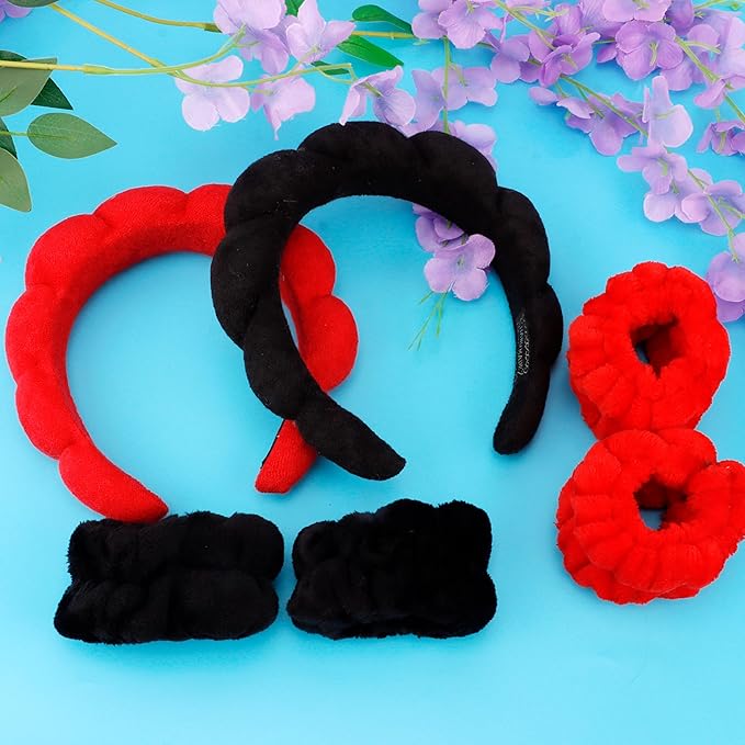 SPA Headbands for Washing Face Makeup Headbands with Bow Hair Band Women Facial Head Band Wrist Towel Wraps For Shower Face Mask Black Red Pink, 6 Pack