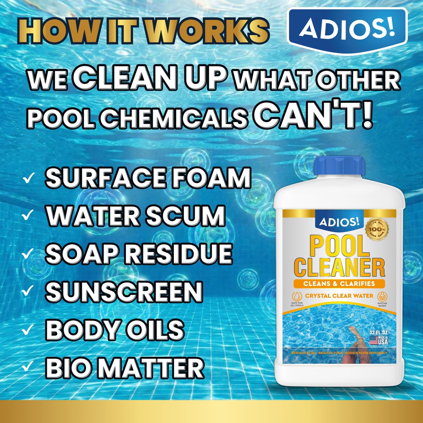 Adios! 20X Pool Cleaner and Clarifier – Restores Cloudy and Hazy Water for Above Ground and Inground Pools – Twenty Treatments per 32oz Bottle