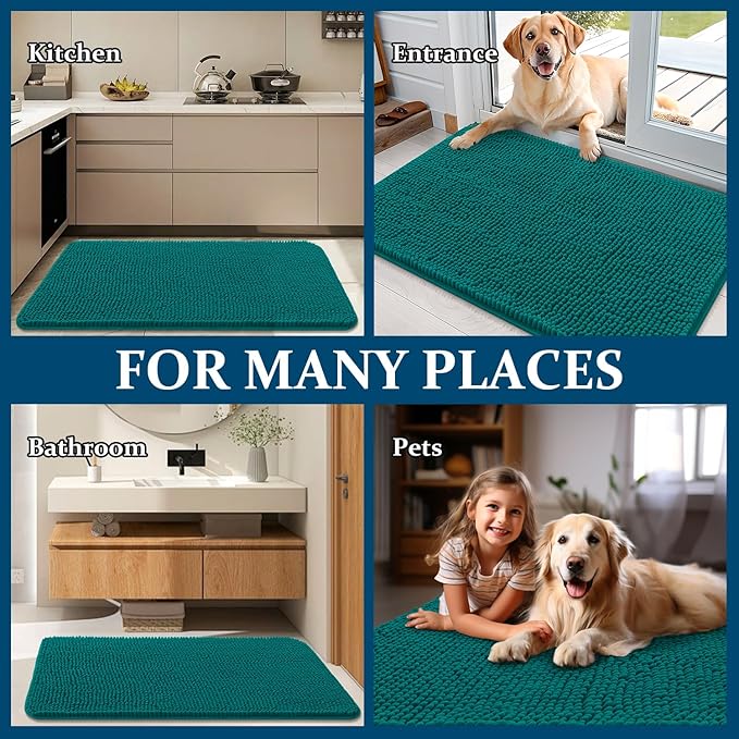 OLANLY Dog Door Mat for Muddy Paws 47x20, Absorbs Moisture and Dirt, Absorbent Non-Slip Washable Doormat, Quick Dry Chenille Mud Mat for Dogs, Entry Indoor Entryway Carpet for Inside Floor, Lake Blue