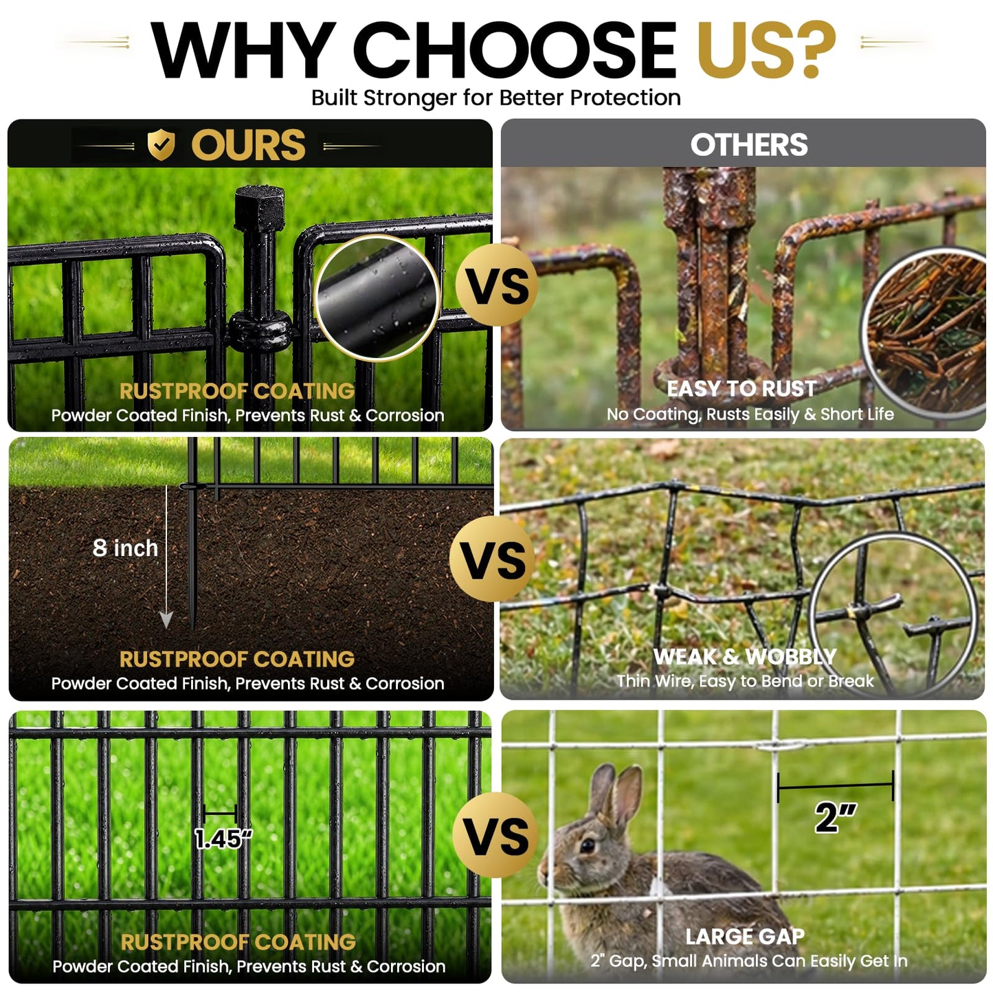 10 Panels No Dig Garden Fence with Gate, 44in(H) × 23.6ft(L) Decorative Metal Outdoor Dog Fence, Rustproof Pet Fencing for Yard, Patio, Flower Bed -Temporary Fencing| Easy to Install