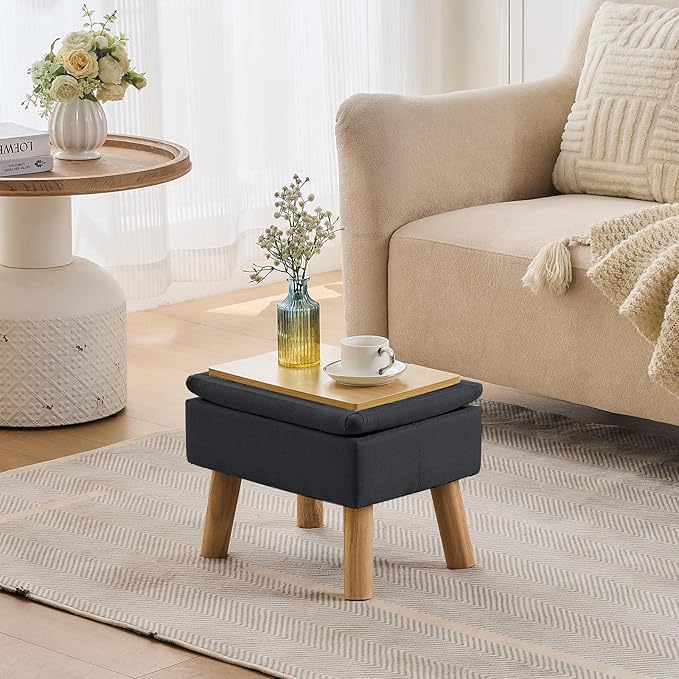 Storage Ottoman, Small Foot Stool Ottoman with Storage, Linen Foot Rest with Wood Legs, Footstool for Living Room, Bedroom, Entryway, Black
