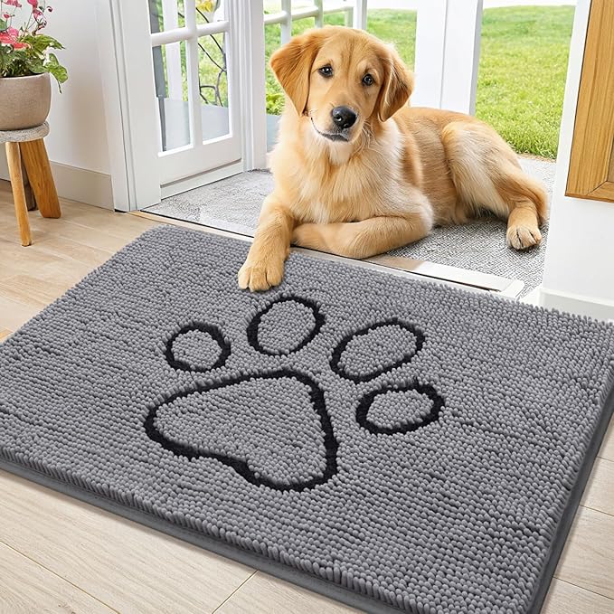 Smiry Dog Door Mat for Muddy Paws, Absorbent Dirt Trapper Non Slip Quick Dry Washable Chenille Mat for Mud Dogs, Entry Rug for Indoor and Outdoor (40x24 Inches, Grey and Black)