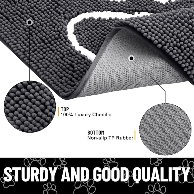 Smiry Dog Door Mat for Muddy Paws, Absorbent Dirt Trapper Non Slip Quick Dry Washable Chenille Mat for Mud Dogs, Entry Rug for Indoor and Outdoor (47x32 Inches, Dark Grey and White)