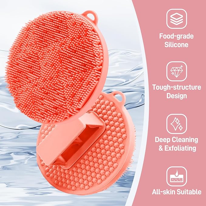 Silicone Body Scrubber for Shower, Durable Silicone Loofah with Waved Bristles and Non-Slip Handle, Hygienic Body Buffer Shower Scrubber for Gentle Exfoliating & Lathering(Pink)