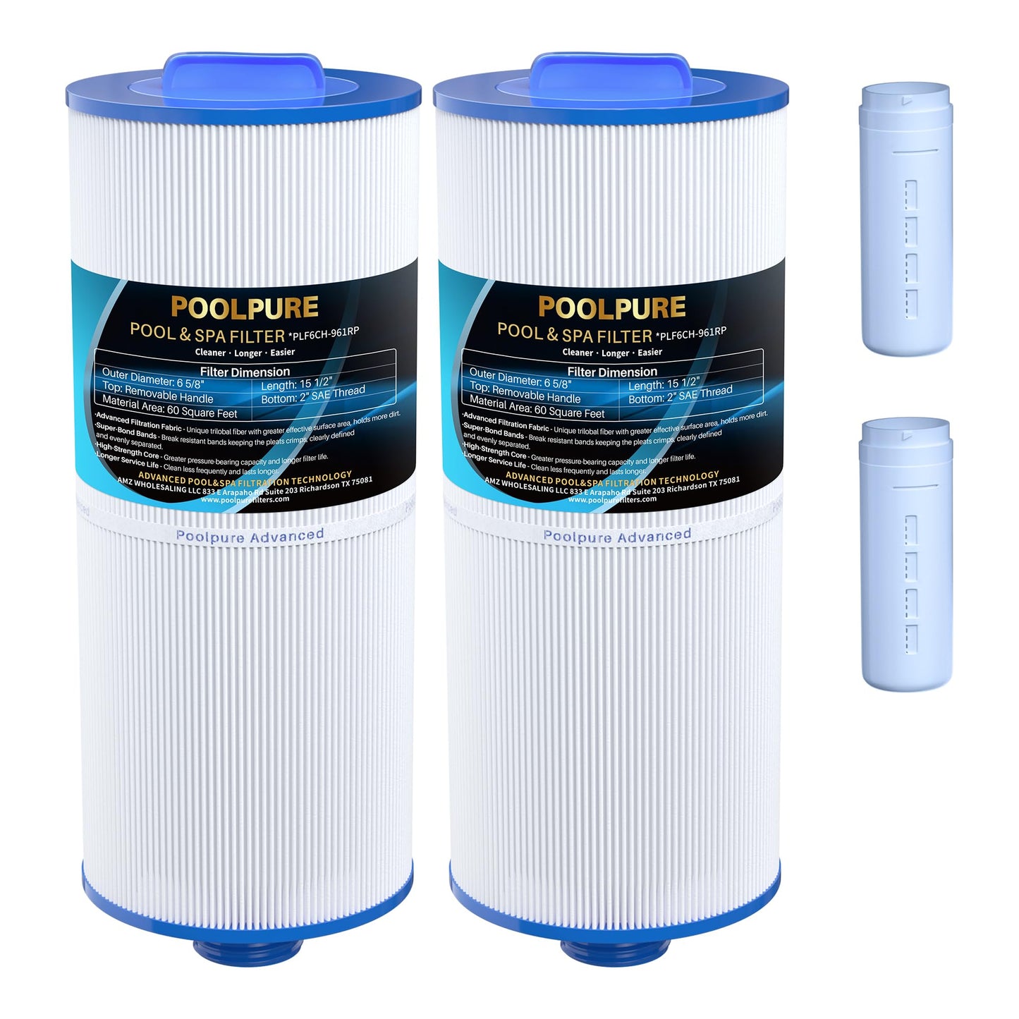 POOLPURE Removable Handle Spa Filter Replaces PJW60TL-OT-F2S, Jacuzzi Prem J300, J400, Unicel 6CH-961, 6541-383, 6540-476, 60 sq.ft Filter Cartridge with Built-in Dispenser, 2PACK