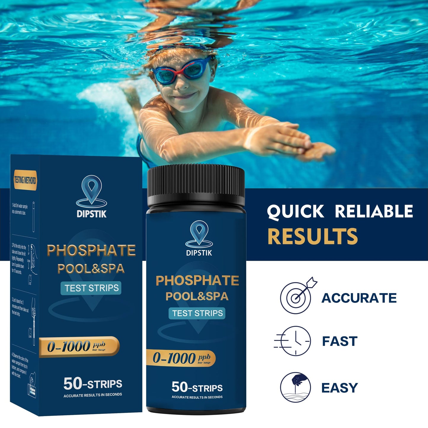 DIPSTIK Phosphate Test Kit for Pool,50 Strips Phosphate Test Strip Quick and Accurate Swimming Hot Tub and Spa Water Testing