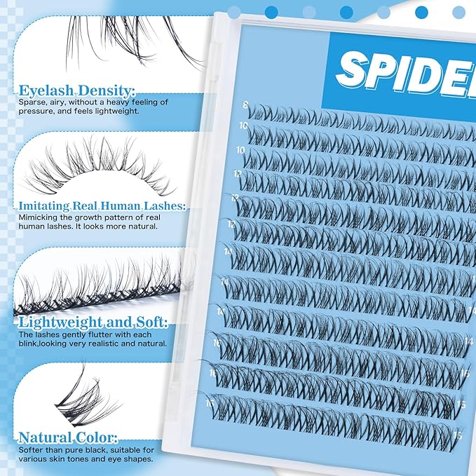 Spider Lash Clusters Kit Breeze D Curly Eyelash Clusters Natural Wispy Lash Extension Kit 8-16MM Fluffy Spider Cluster Eyelash Extensions Clear Thin Band with Lash Bond and Seal DIY Lash at Home