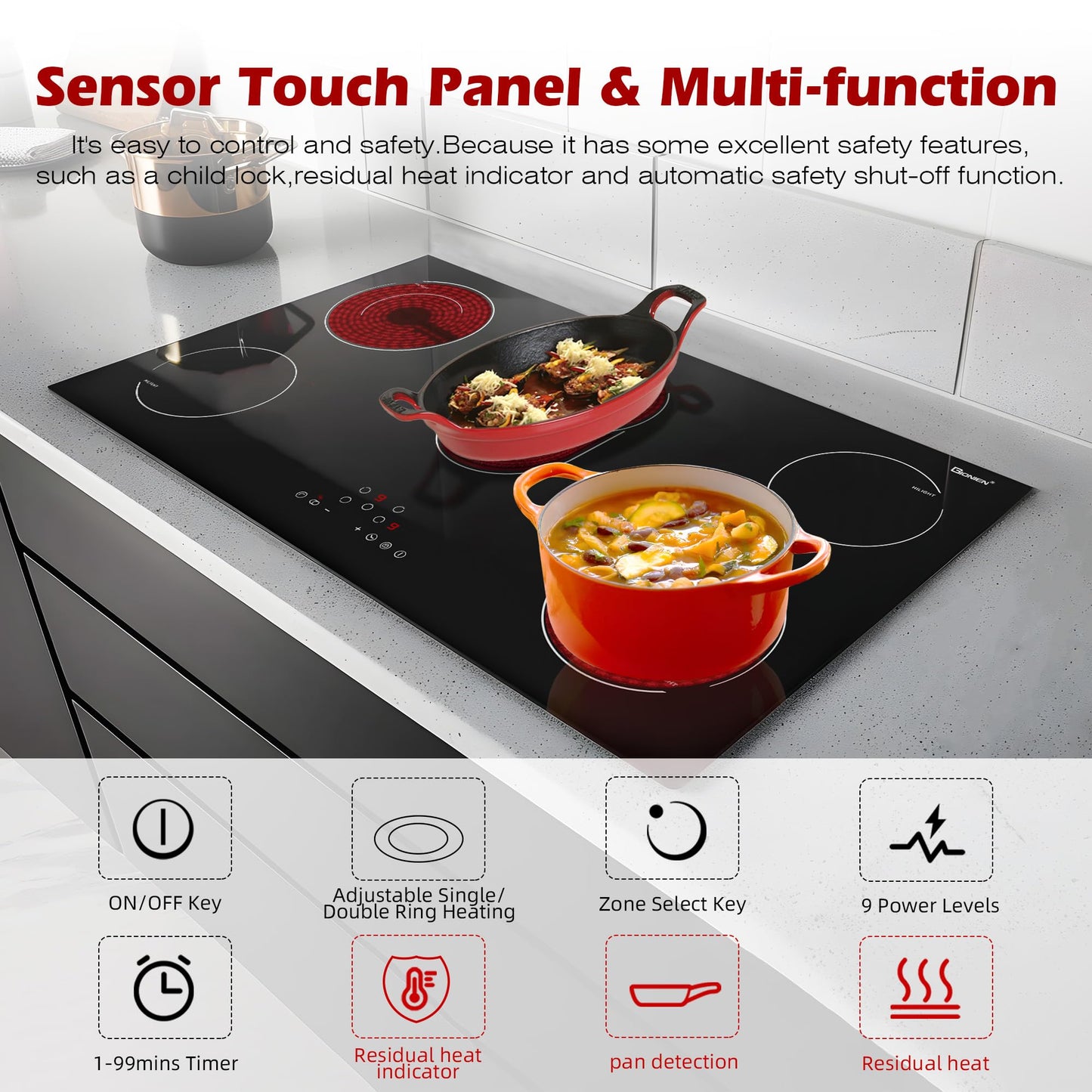 Electric Cooktop 36 Inch 5 Burners,220~240V,Built in Electric Stove Top,8400W Radiant Ceramic Cooktop with Hardwired,Touch Control,Child Lock,Dual-Ring Heating,Expandable Zones