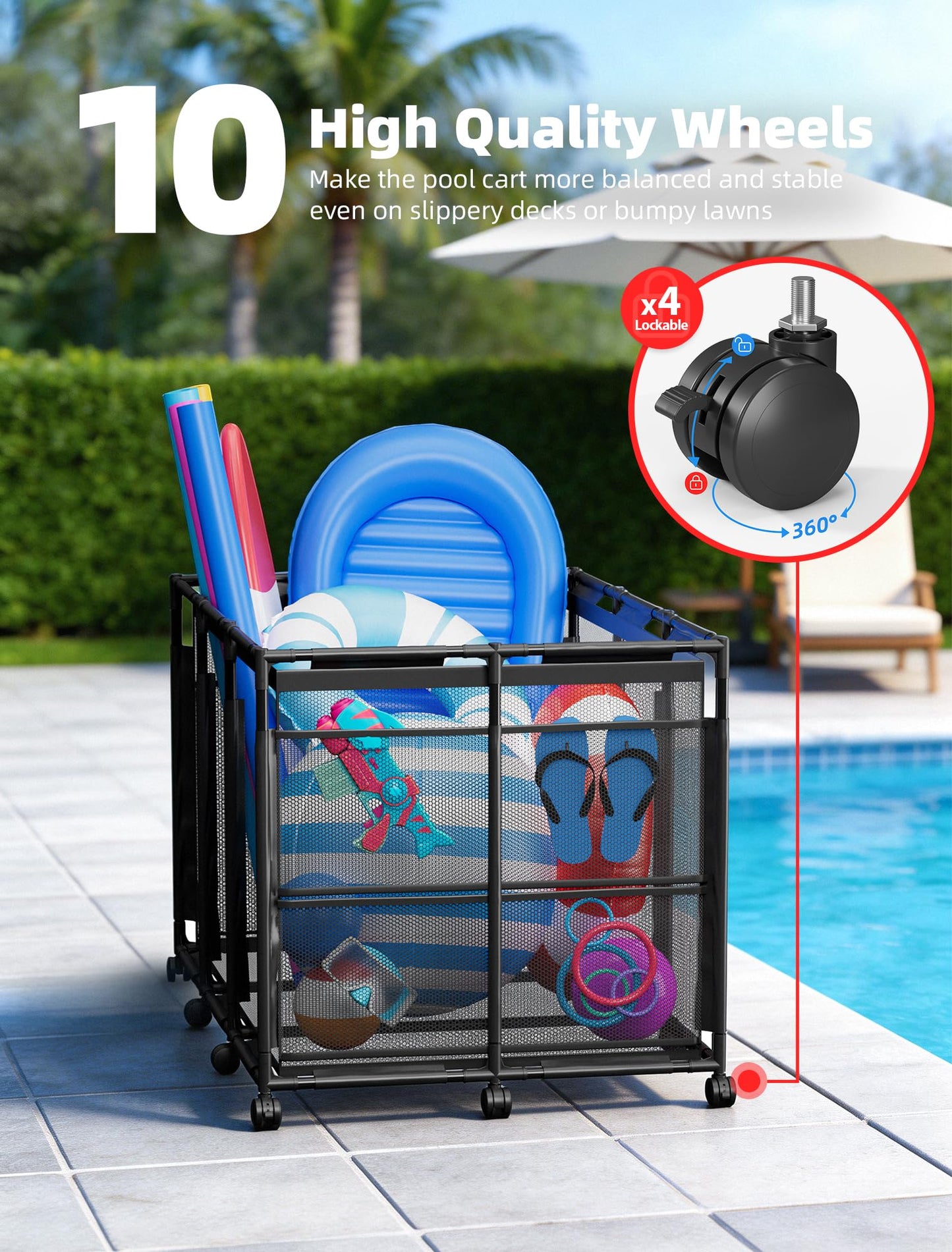 Kompoll Pool Float Storage - Rolling Mesh Pool Storage Bin for Noodles, Goggles, Floats & Balls, XXL Large Outdoor Pool Toy Organizer with Wheels for Swimming Accessories, Black