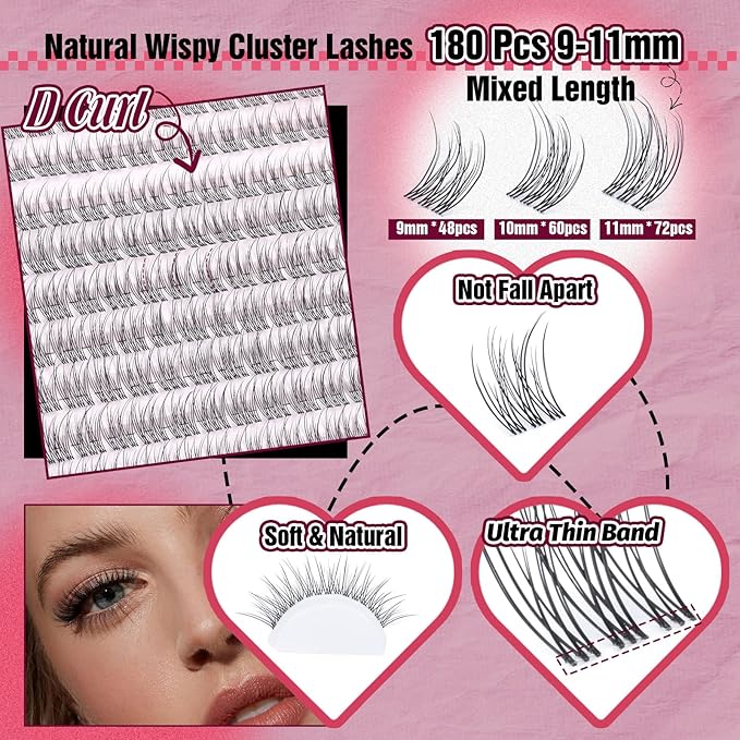Natural Lash Extension Kit Wispy Eyelash Clusters 9-11mm Lash Cluster Kit with Lash Bond and Seal and Lash Applicator 180pcs Cluster Eyelash Extensions Kit for Beginners DIY at Home by Yawamcia