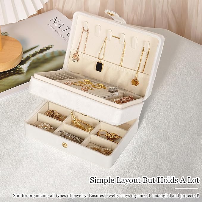 MODENGKONGJIAN Jewelry Organizer Box, 2-Layer Large Jewelry Storage Case, Portable Travel Jewelrys Display Holder for Earrings, Necklaces, Bracelets (White,Velvet)