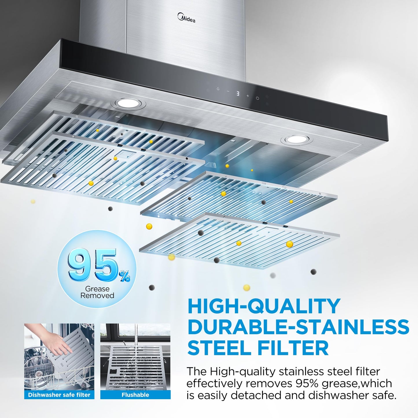 Midea MVT30W9AST Range 30 Inch 450CFM Vent T Shape Stove Hood with 5-Layer Aluminum Permanent Filters Kitchen Exhaust Fan, Ductless Convertible, 3 Speed, Stainless Steel