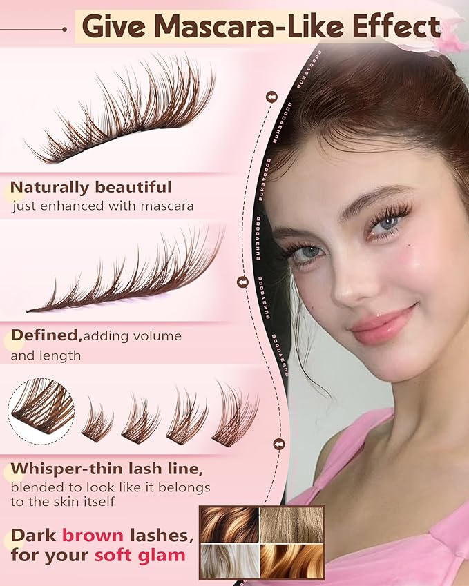 Goddvenus Brown Wispy Eye Lash Clusters Kit Natural Cluster Eyelash Extensions Kit False Eyelash Clusters Fluffy DIY Individual Lash Extensions Kit C Curl