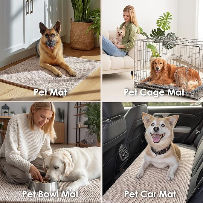 EHEYCIGA Super Absorbent Dog Door Mat for Muddy Paws 48x30 Inch Indoor, Front Doormat Outside Entrance, Quick Dry Chenille Washable Dog Crate Bed, Non-Slip Pet Rug Mud Mat Outdoor Entryway, Beige