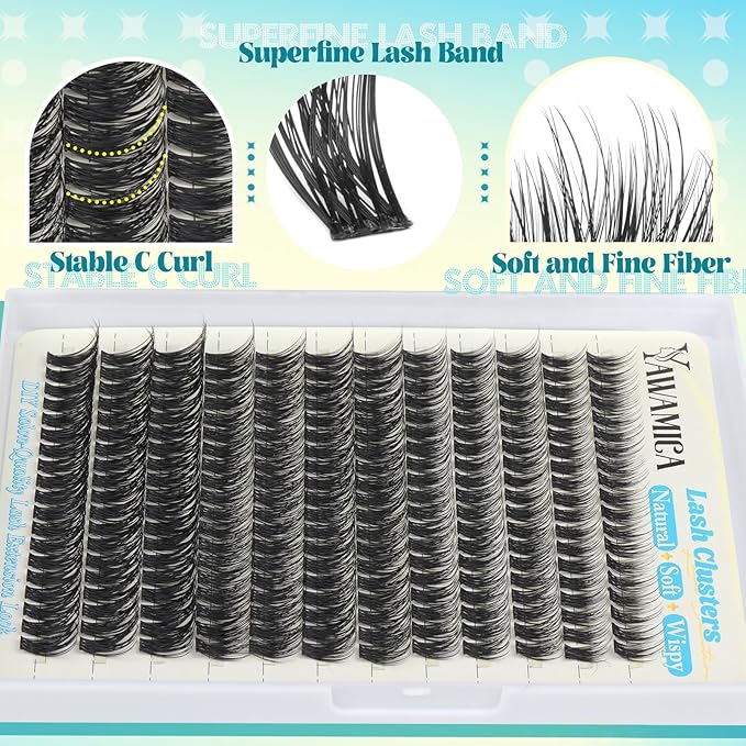 Yawamica Lash Extension Kit Wispy Lash Clusters Kit 10-16mm Eyelash Extension Kit C Curly Eyelash Clusters 228pcs Individual Lashes with Waterproof Lash Bond and Seal Lash Tweezers for Hybrid Look