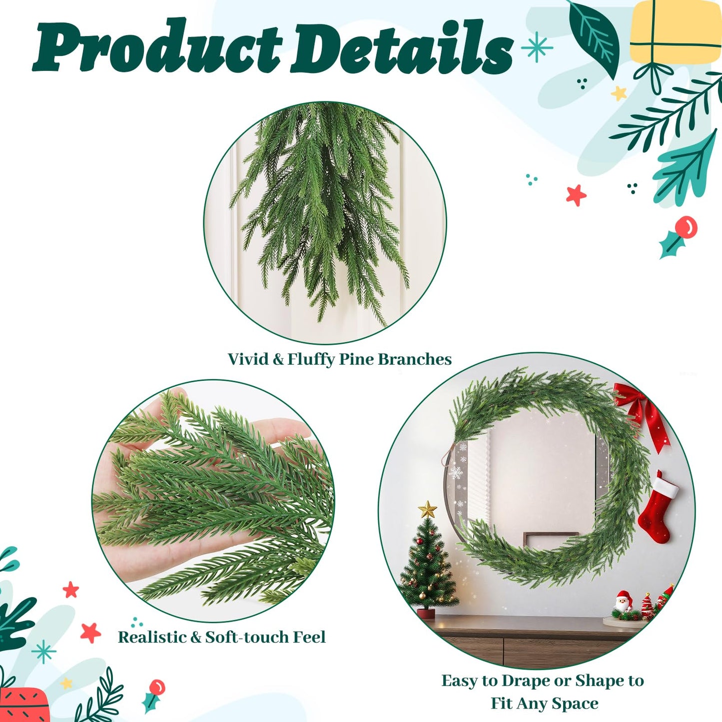 TOWPONICS 12FT（2 * 6FT） Christmas Norfolk Pine Garland, Real Touch Faux Green Garlands, Winter Artificial Greenery Garland for Mantle, Stairs, Table, Fireplace, Indoor & Outdoor Xmas Decorations