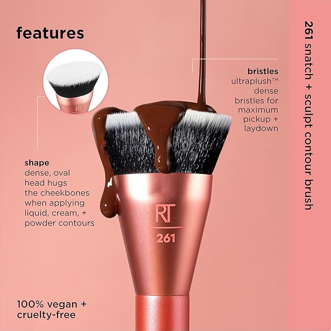 Real Techniques Snatch + Sculpt Contour Makeup Brush, For Liquid & Cream Contour & Bronzer, Flat Top & Oval Head For Blending & Buffing, Dense, Synthetic Bristles, Vegan & Cruelty Free, 1 Count