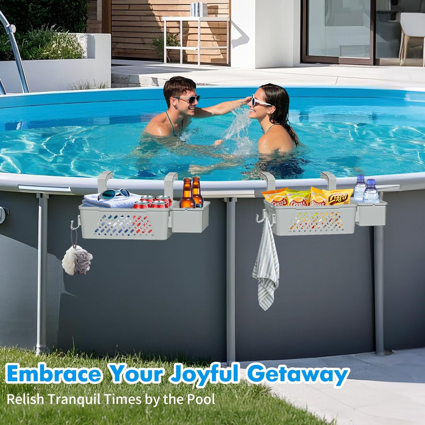 Poolside Storage Basket 2 Pack - Above Ground Pool Accessories, Swimming Pool Storage Baskets with Cup Holders,Fits 3” or Smaller Top Rails,Versatile Organizer for Pool Toys,Towels,Beverages (Grey)