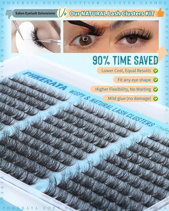 PHKERATA Lash Clusters Kit Natural Eyelash Clusters Wispy Lash Extension Kit 180Pcs Cluster Eyelash Extensions Kit 10-16mm C Curly Individual Lashes Soft with Lash Bond and Seal, Lash Tweezers