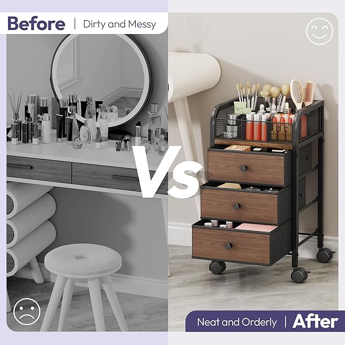 SWTYMIKI Rolling Makeup Organizer Cart - Under Desk Vanity Makeup Storage with 3 Non-woven Drawers, Nail Cart Organizer Cosmetic Display Cases Cabinet for Skin Care Perfume Nail Polish Brush Hair Tool