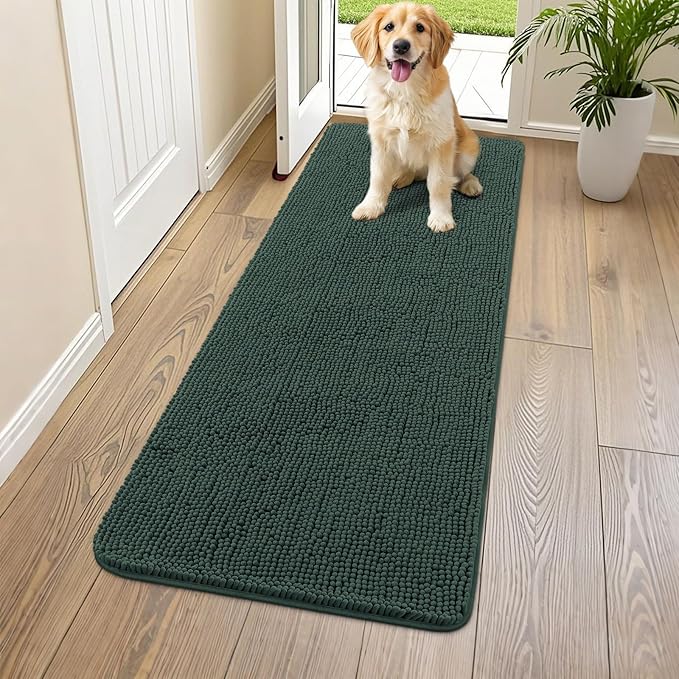 Smiry Dog Door Mat for Muddy Paws 59x24, Absorbs Moisture and Dirt Doormat, Non-Slip Washable Quick Dry Chenille Front Door Mat Indoor Entrance, Entryway Carpet for Inside Floor, Green