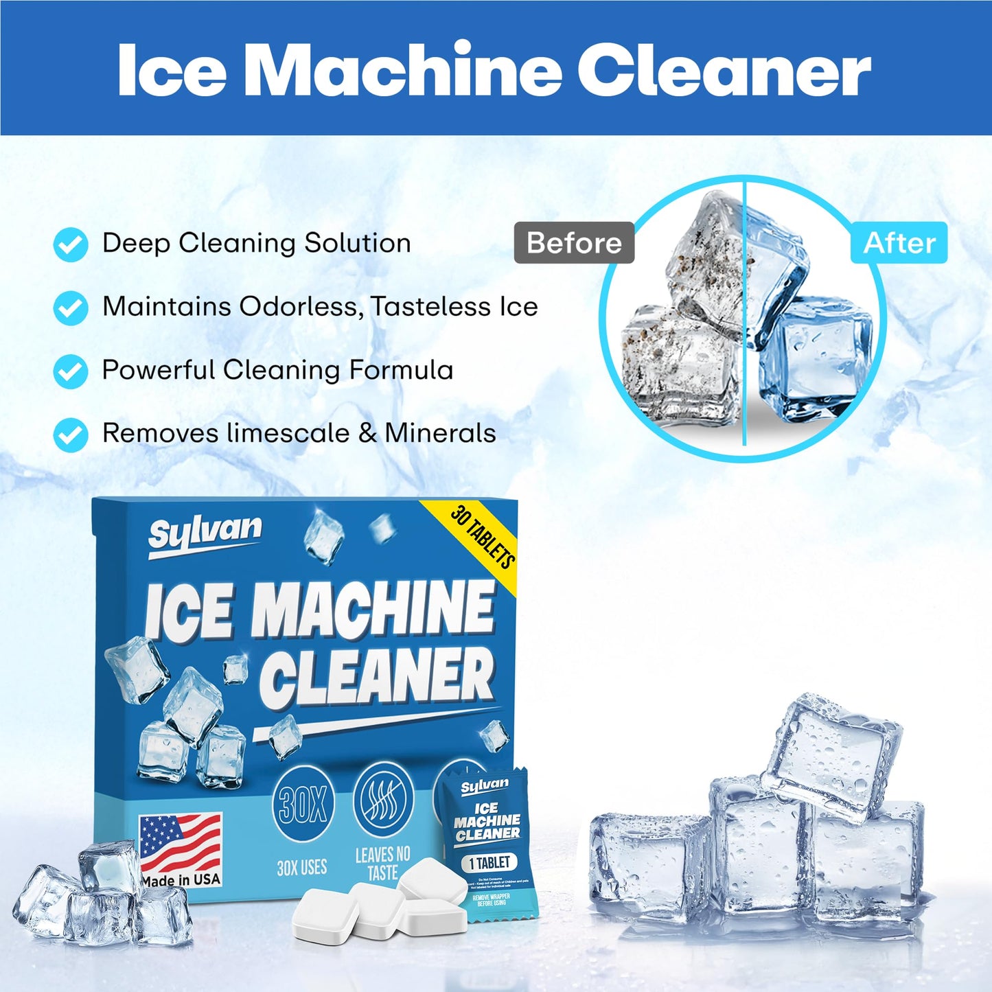 Sylvan Ice Machine Cleaner and Descaler Tablets | 30 Tabs | Made in USA | Nickel Safe Ice Maker Cleaner and Descaler | Universal Compatibility for Commercial & Residential Ice Makers
