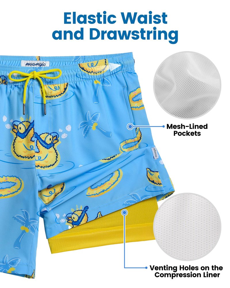 maamgic Mens Swim Trunks with Compression Liner 7 Inch Inseam Mens Bathing Suit Quick Dry Swimming Trunks Swimsuit Swimming Duck Blue and Yellow Medium