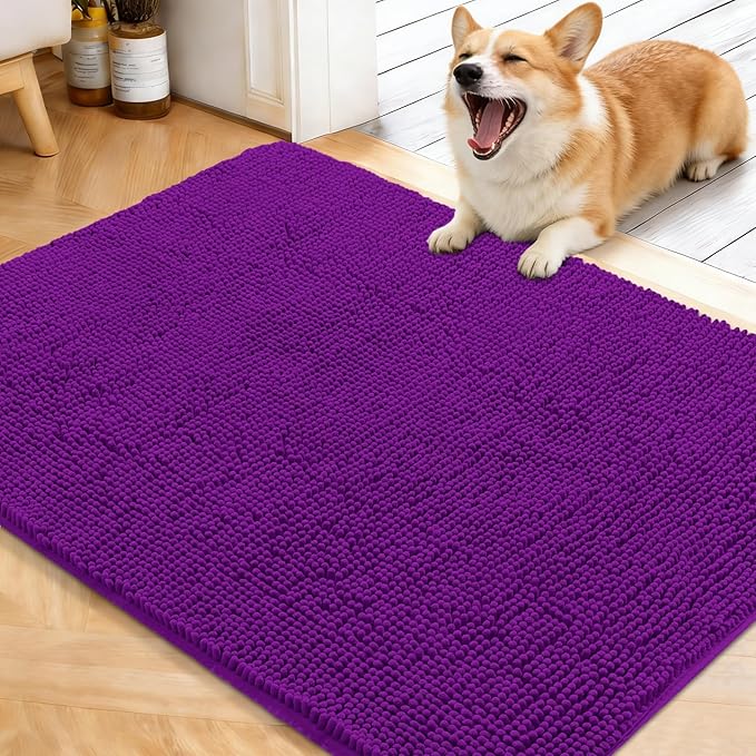 OLANLY Dog Door Mat for Muddy Paws 40x32, Absorbs Moisture and Dirt, Absorbent Non-Slip Washable Doormat, Quick Dry Chenille Mud Mat for Dogs, Entry Indoor Entryway Carpet for Inside Floor, Purple
