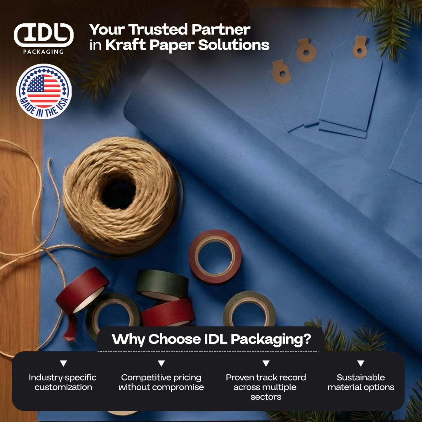 48" x 1200" (100 feet) Blue Kraft Paper Roll - USA-Made Quality Craft Paper for Gift Wrapping, Kids' Arts & Crafts, School Projects - 100% Recycled Natural Material 50lb Thickness by IDL Packaging
