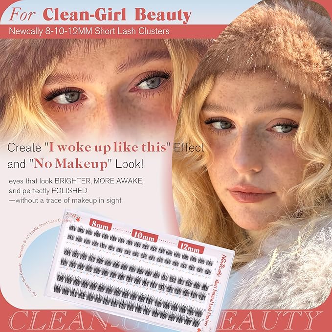 Lash Clusters Natural Look 8-10-12MM Short Cluster Eyelash Extensions for Clean Girl Makeup Wispy Eyelash Clusters C-curly Individual Lashes Thin Lash Band by Newcally