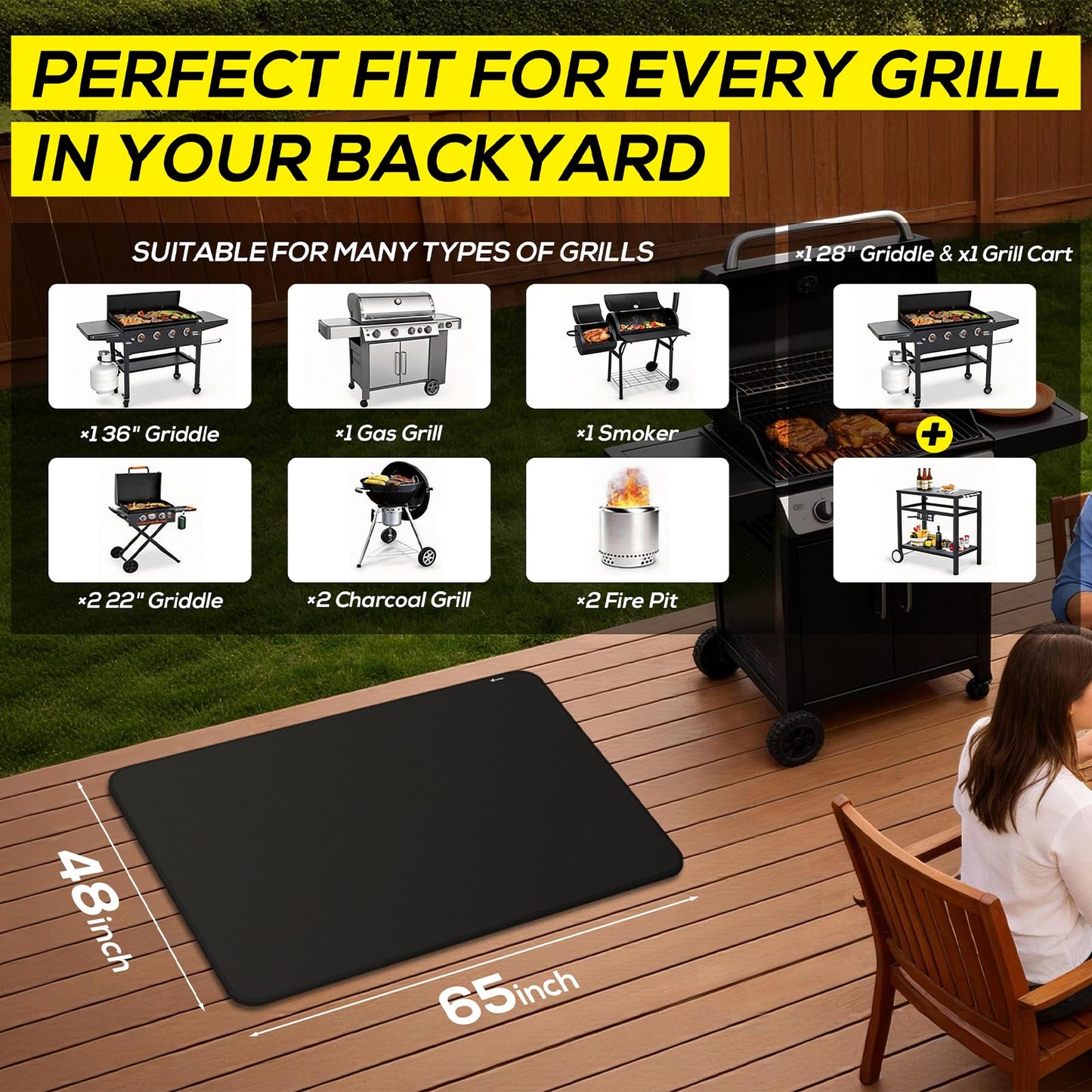 FLASLD Under BBQ Mat, 48x65 inches Extra-Large Under Grill Mats for Outdoor Grill, Double-Sided Fireproof Protective Mat, Oilproof Waterproof BBQ Fire Pit Fireplace Mat