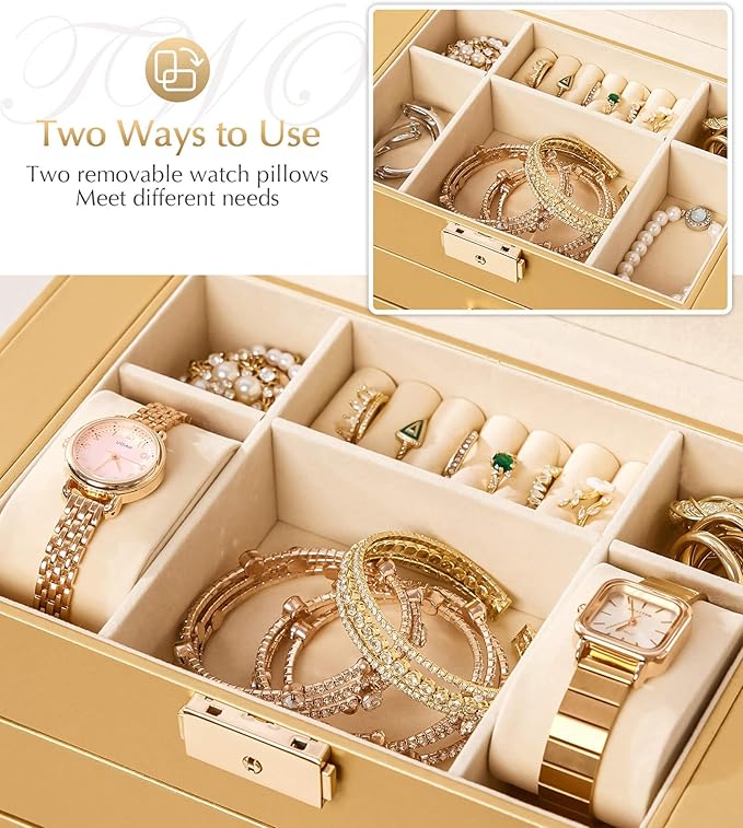 Homde Synthetic Leather Huge Jewelry Box Mirrored Watch Organizer Necklace Ring Earring Storage Lockable Gift Case (Gold)