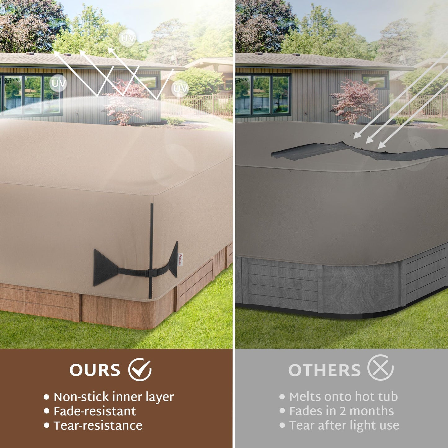 iBirdie Outdoor Waterproof and Weatherproof Hot Tub Cover 90 x 90 inch fit 89 x 89 or 88 x 88 or 87 x 87 Square SPA 600D Heavy Duty Cover Protectors Protective Cap, Brown