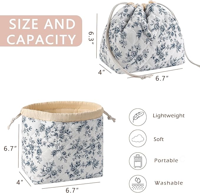 Cotton Quilted Drawstring Makeup Bag with Canvas Lining,Coquette Aesthetic Cute Travel Toiletry Bag,Drawstring Gift Bag for Women and Girls（16Dark Blue）