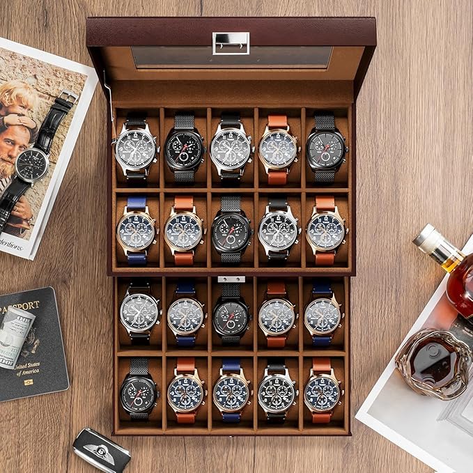 ProCase Watch Box for Men, 12 Slot Mens Watch Case With Drawer, Watch Display Case With Glass Lid, 2-Layer Watch Holder Organizer, Jewelry and Watch Storage for Men Women -20 Slot, Espresso
