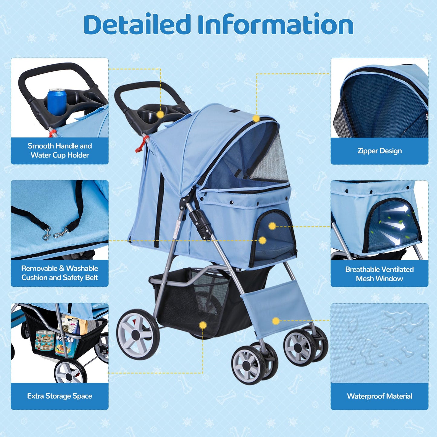 ZENY Foldable Pet Stroller, Cat/Dog Stroller with 4 Wheel, Pet Travel Carrier Strolling Cart with Storage Basket, Cup Holder (Blue)