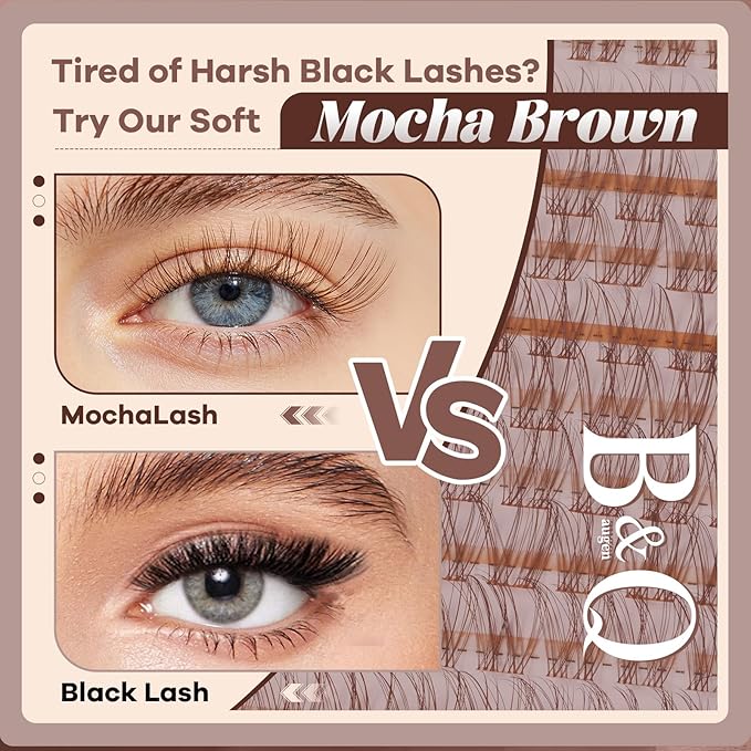 B&Q Brown Velure Lash Clusters Kit Natural Lashes Clusters, Wispy Light Brown Eyelash Cluster Kit C-8-16mm DIY Lash Eyelashes for Fair/Dark Hair, Lightweight & Invisible Band(Mochalash Velure 05 Set)