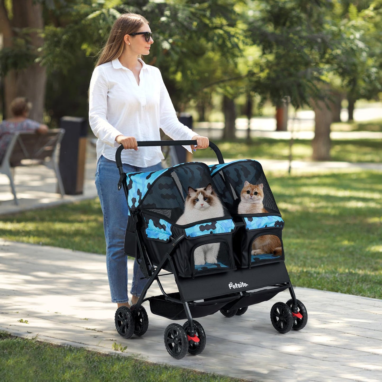 PETSITE Double Pet Stroller, Foldable Double Dog Stroller with 2-Seater Carrier, Adjustable Sunshade, Removable Pad, Safety Belt, Storage Basket, 4-Wheel Pet Travel Cart for 2 Puppies & Cats (Navy)