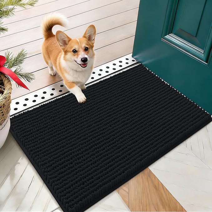 OLANLY Dog Door Mat for Muddy Paws 24x16, Ultra Absorbent Chenille Mud Doormat, Non-Slip Washable and Dirt Trapping Doormat for Indoor Entryway, Quick-Dry Indoor Pet Bed Mats for Dogs, Black