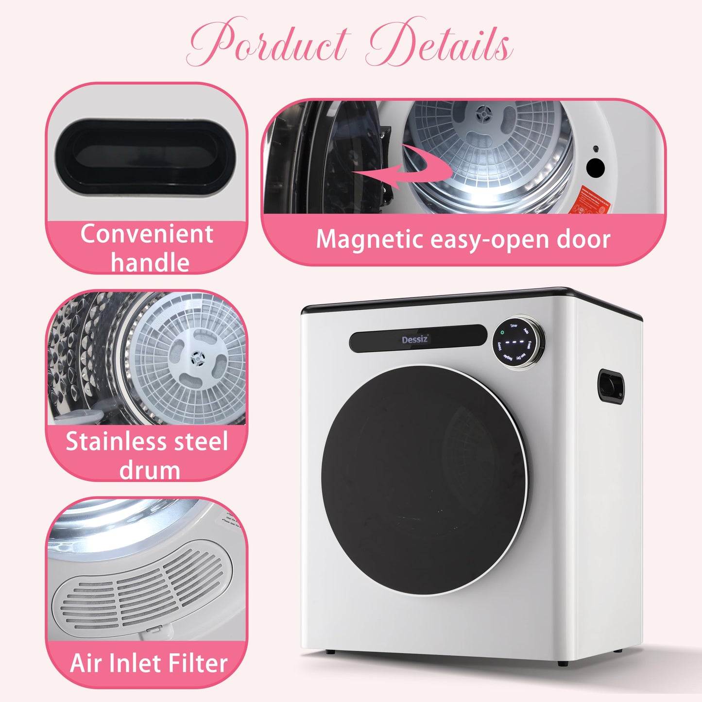 Dessiz 110V Clothes Dryers 950W Compact Dryer 1.6cu.ft Front Load Stainless Steel 11lbs Electric Dryers Machine with Exhaust pipe for Apartment,RVs,Dorms,Auto Stop and Easy Control
